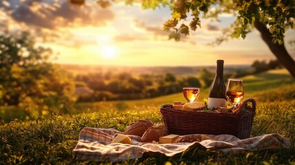 Fototapeta premium Romantic picnic for two, featuring a basket with wine, cheese, and fresh bread, set against a sunset in a scenic park.