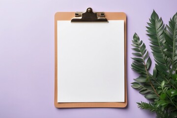 Blank Clipboard with Green Plant Leaves on Purple Background