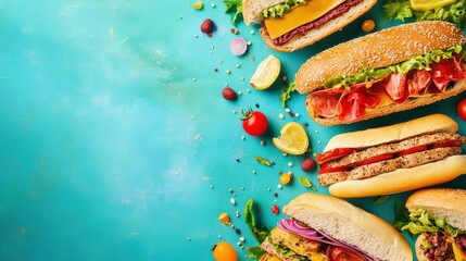 Colorful sandwich flyer featuring a variety of gourmet sandwiches with fresh ingredients, set against a vibrant background, with space for promotional text.