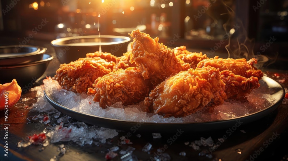 Wall mural delicious fried chicken with sweet and sour sauce on a wooden table with a blurred background