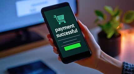 Payment Successful: A woman holds her smartphone, displaying a payment successful notification. The green button and checkmark icon signify a completed transaction, symbolizing a sense of accomplishme