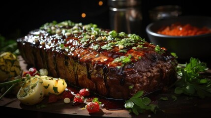 delicious meatloaf with vegetable topping, black and blurred background