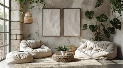 Empty White mockup on Cozy Urban Jungle Corner in Modern Living Room with Exposed Concrete Wall.