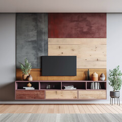 Rusticcore Wall Unit for TV with Minimalist Design for Interior Decor Mockup