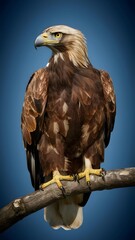 Obraz premium Golden Eagle Perched on a Branch on a Blue Background, Realistic Photo, Pattern Background, Wallpaper, Cover and Screen for Smartphone, Cell Phone, Computer, Laptop