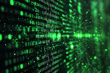 Naklejka premium Green Dark Binary Code with Data Streaming Background created with Generative AI