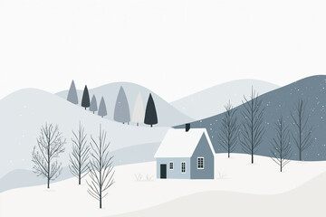 a minimalist, flat-style illustration of an isolated cottage in the snowy mountains, surrounded by trees and hills