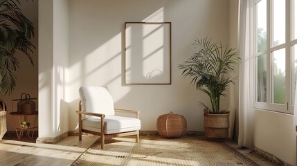 Blank horizontal poster frame mock up in minimal white style living room interior, modern living room interior background