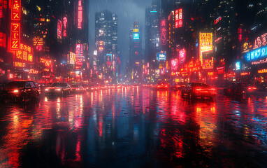 Cyberpunk Cityscape: Neon Night Scene in 80s-90s Style