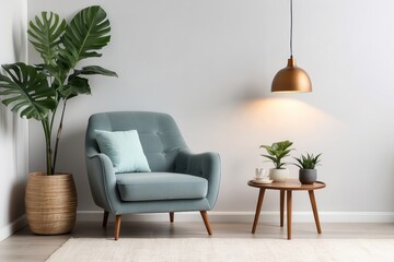 Modern Living Room Interior with Armchair, Plants, and Pendant Light