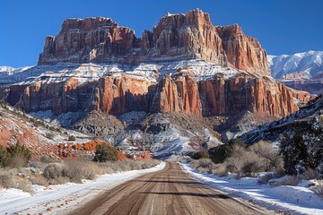 A Winding Road through a Snow-Covered Canyon in Zion National Park