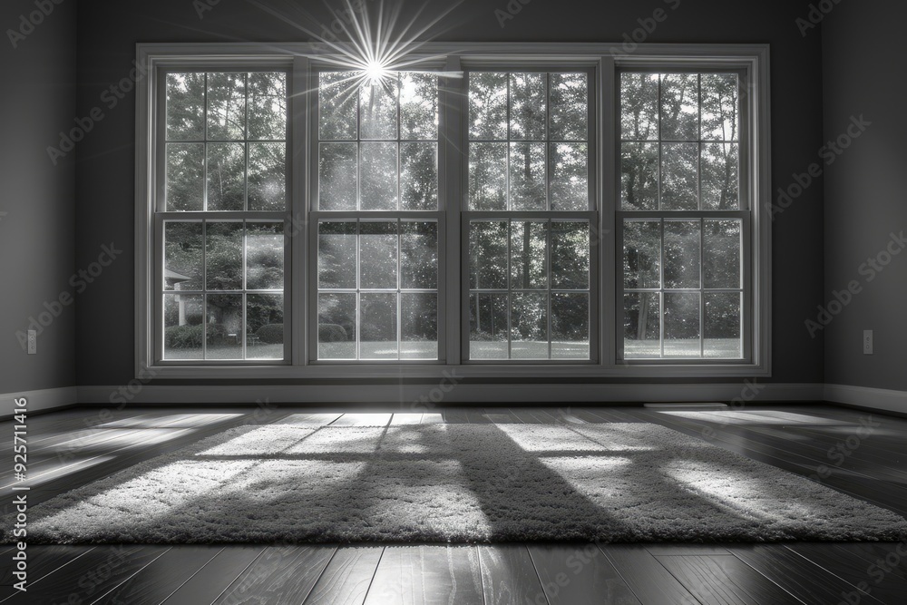 Poster sunbeams streaking through a window onto a carpet in an empty room