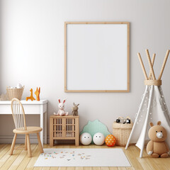 Kids' playroom with empty frame for mockup and cozy decor
