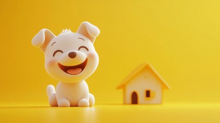 Portrait of a dog with house, 3d rendering on yellow background