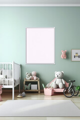 Kids' bedroom with empty frame for mockup and pastel decor