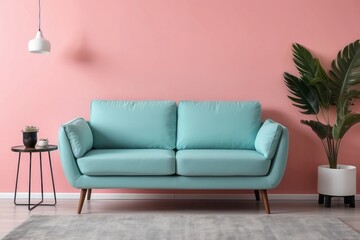 Teal Sofa Against a Pink Wall with Minimalist Decor