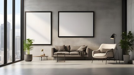 An empty poster frame with the idea of advertising space on a concrete wall ina contemporary office setting lit by windows