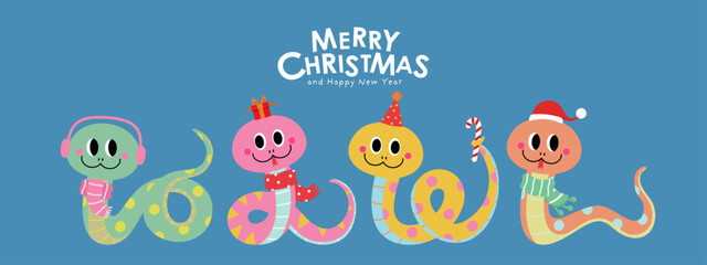 Merry Christmas and happy new year 2025 with cute snake in xmas hat. Animal holidays cartoon character. -Vector