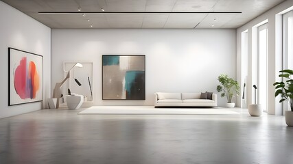 A Contemporary room with concrete flooring, blank white walls, and brilliant lighting—perfect for an art show or gallery setting. 3D