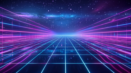 Futuristic Neon Grid with Starry Sky and Glowing Lines in a Digital Cyberpunk Landscape