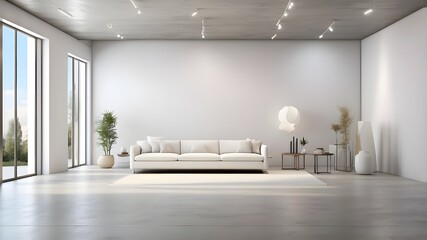 Fototapeta premium A Contemporary room with concrete flooring, blank white walls, and brilliant lighting—perfect for an art show or gallery setting. 3D