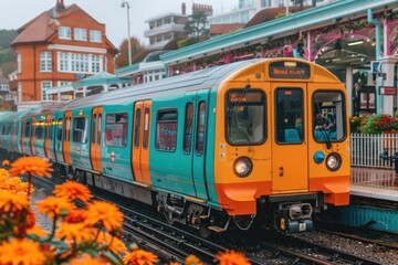 Orange and Turquoise Train Arriving at a Station on a Rainy Day