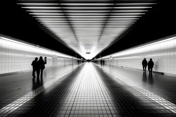 Silhouettes of People Walking Through a Brightly Lit Tunnel