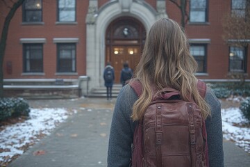 Fototapeta premium Woman with Brown Leather Backpack Standing in Front of Building