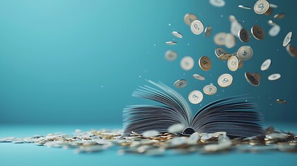 A 3D illustration of financial literacy, featuring an open book that represents education and empowerment in personal finance, with plenty of copy space for your content.