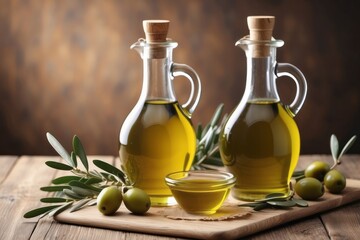 Olive Oil in Glass Bottles with Olives and Olive Branches on a Wooden Table