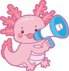 Illustration of cute axolotl activities icon.
Funny pink axolotl in daily routine stickers.