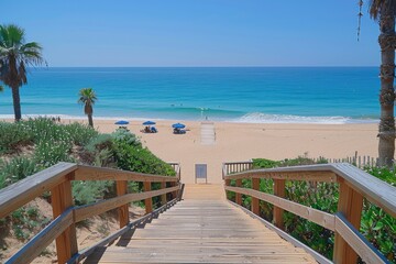 Obraz premium Wooden Stairway Leading to a Sandy Beach with Umbrellas and Palm Trees