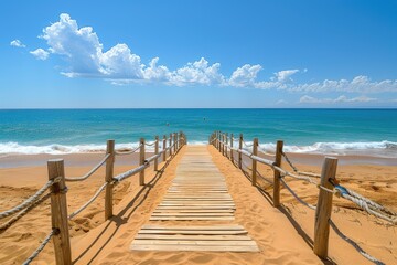 Obraz premium Wooden Walkway Leading to a Sandy Beach and Turquoise Sea