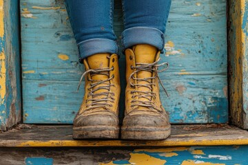 Worn Yellow Boots Resting on a Blue and Yellow Wooden Surface