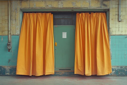 Worn Yellow Curtains Covering an Old Green Door and Cabinet in a Tiled Room