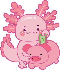 Illustration of cute axolotl activities icon.
Funny pink axolotl in daily routine stickers.