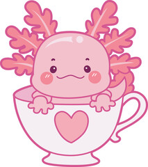 Illustration of cute axolotl activities icon.
Funny pink axolotl in daily routine stickers.