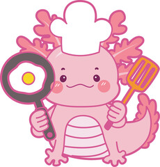 Illustration of cute axolotl activities icon.
Funny pink axolotl in daily routine stickers.