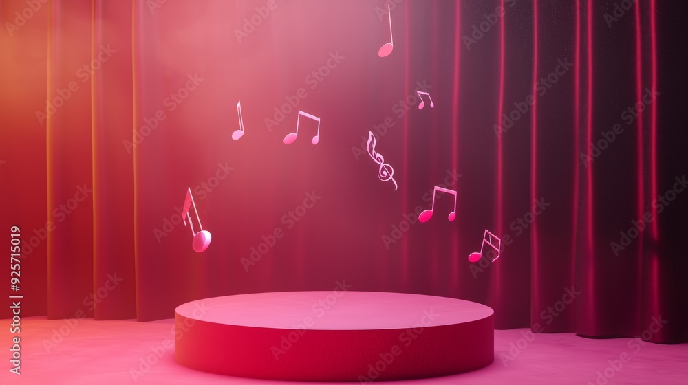 Poster a photo of an empty 3d podium with a concert stage backdrop and music notes floating, isolated on a 