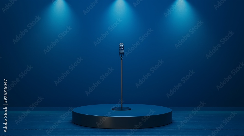 Poster a photo of an empty 3d podium with a concert stage backdrop and music notes floating, isolated on a 