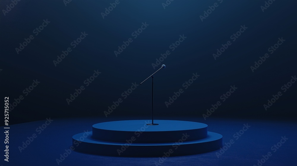 Poster a photo of an empty 3d podium with a concert stage backdrop and music notes floating, isolated on a 