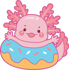 Illustration of cute axolotl activities icon.
Funny pink axolotl in daily routine stickers.