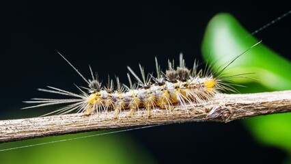 Moth caterpillar walking on tree branch and nature background.