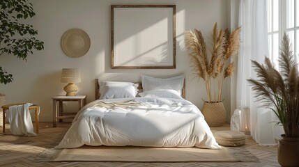 A serene bedroom with a minimalist mockup frame displayed over a simple bed