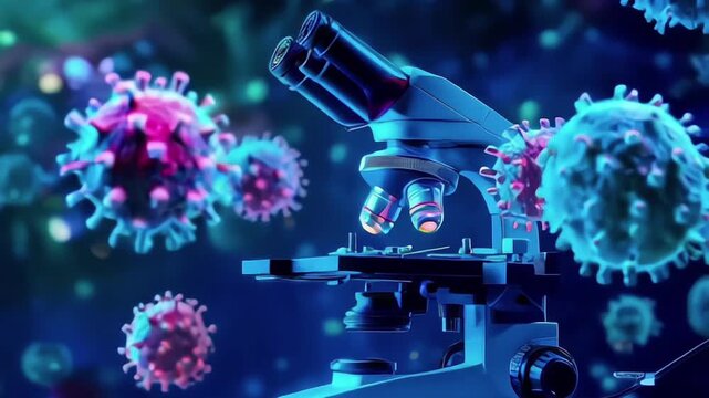 A microscope is placed among floating viruses and bubbles in a laboratory or scientific research setting. Scientific research on viruses using a microscope in laboratory