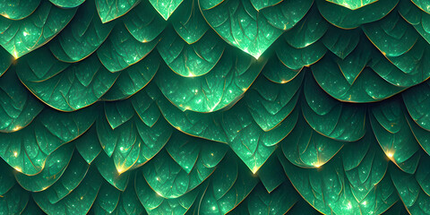 Fototapeta premium Seamless Emerald Green Scales: Nature's Stunning Reptile and Fish Textures, Dragon and Snakes Lather Pattern. Tile Background for Packaging, Fabric, Textile, Decor, Wrap, Invitation Card and Fashion.