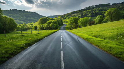 a beautiful asphalt road passing through green landscape, wallpaper, background 