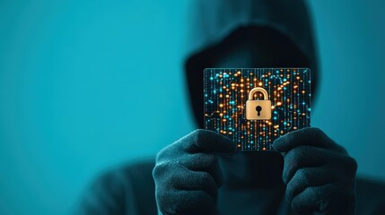 A masked figure holding a stolen identity card with a digital lock symbol