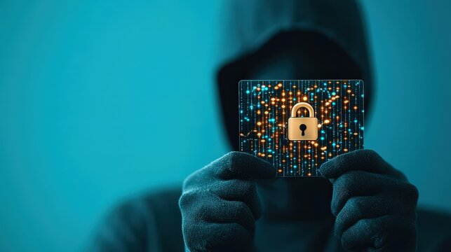 A masked figure holding a stolen identity card with a digital lock symbol