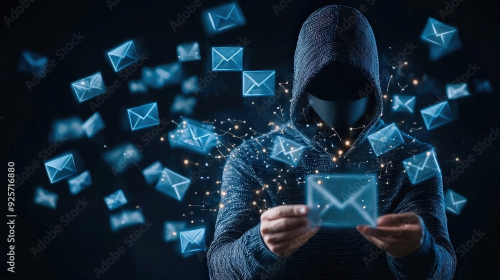 Poster a masked figure sending out phishing emails to multiple targets